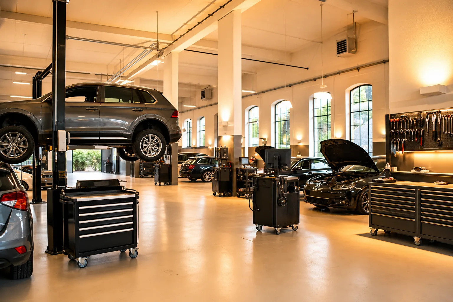 Helle Werkstatthalle mit Hebebühnen, Werkzeugwagen und Diagnosegeräten bei gneissrockv Bonn, 1200x800