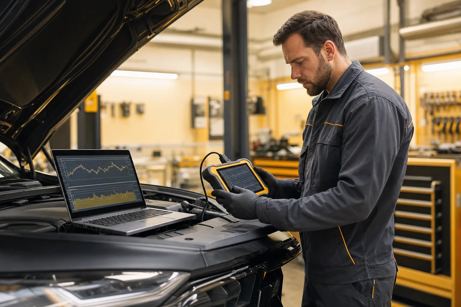 Fachmechaniker führt computergestützte Fahrzeugdiagnose in der Werkstatt durch, 1200x800