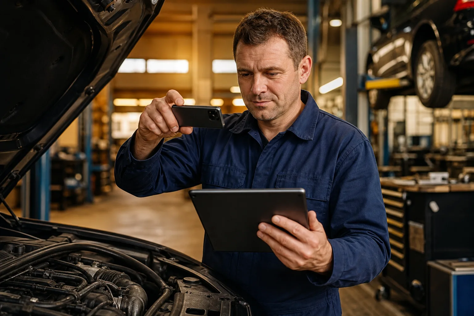 Mechaniker erstellt transparenten Kostenvoranschlag mit Fotodokumentation am Fahrzeug, 1200x800